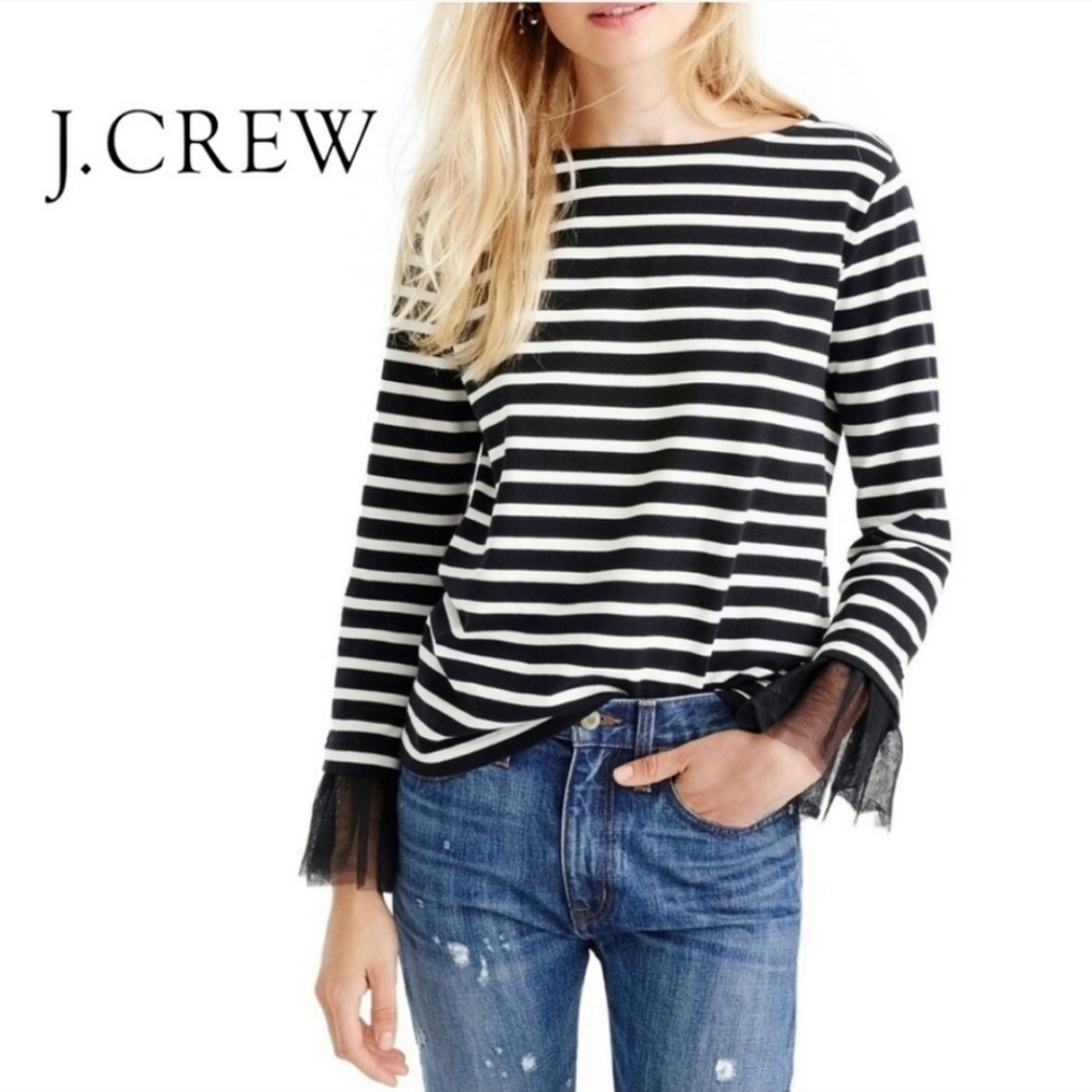 J. CREW XXS Black and White Striped Top with Tool Sleeve Spooky Halloween Top